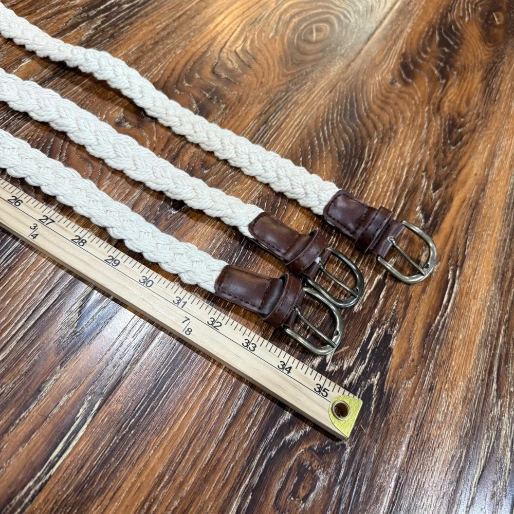 Womens Braided Cotton Rope Belt Set of3 Cream Brown Faux Leather Woven Boho 35in